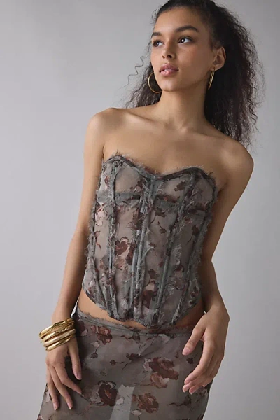 Jaded London Cibele Semi-sheer Floral Organza Strapless Corset Top In Grey, Women's At Urban Outfitters