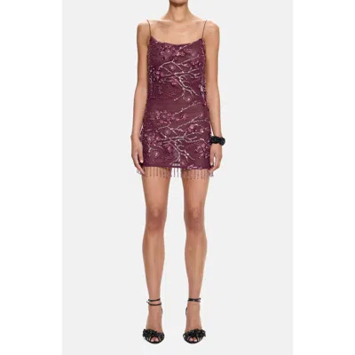 Jaded London Ellora Embellished Fringe Open Back Mesh Minidress In Burgundy