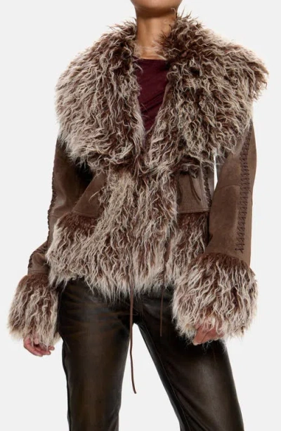 Jaded London Faux Fur Trim Faux Suede Jacket In Brown
