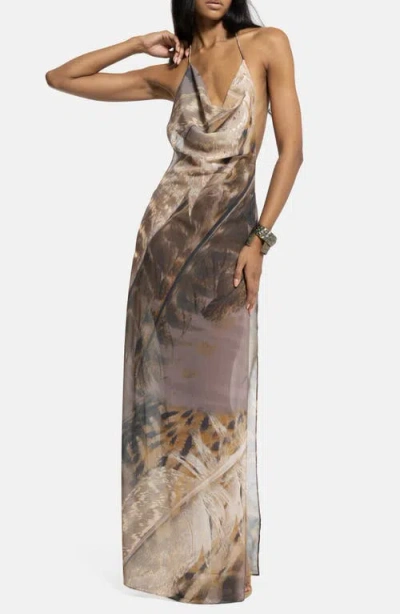 Jaded London Feather Print Halter Neck Slipdress In Blue