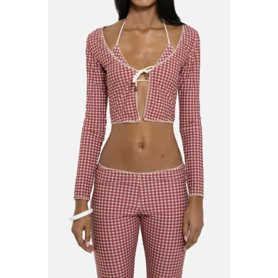 Jaded London Gingham Tie Front Picot Trim Crop Cardigan In Red
