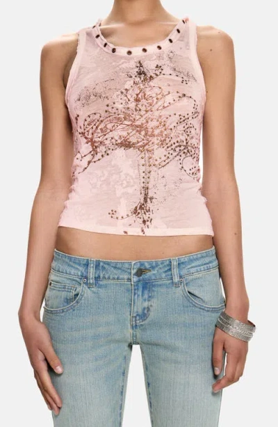 Jaded London Grommet Accent Lace Inset Graphic Tank In Pink