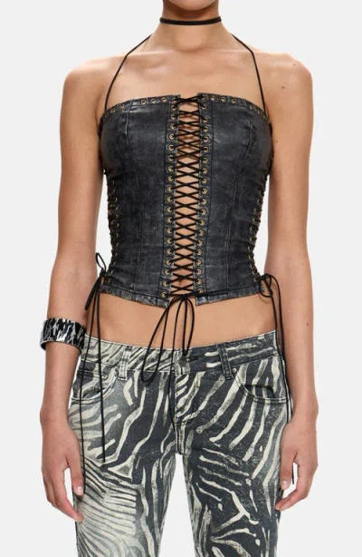 Jaded London Halter Lace-up Crop Faux Leather Corset Top In Gray