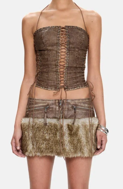 Jaded London Odile Halter Lace-up Crop Faux Leather Corset Top In Brown