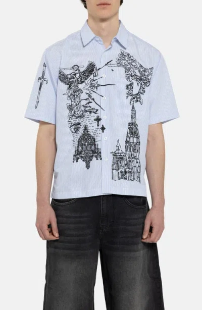Jaded London Pinstripe Sketch Graphic Button-up Shirt In Blue