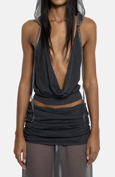 Jaded London Plunge Neck Knit Chiffon Hooded Top In Gray