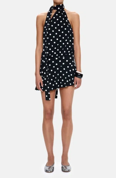 Jaded London Polka Dot Asymmetric Halter Cotton Minidress In Black