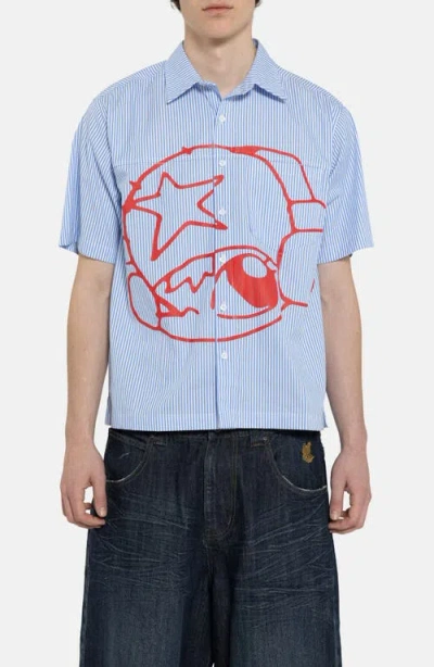 Jaded London Poster Stripe Short Sleeve Graphic Button-up Shirt In Blue