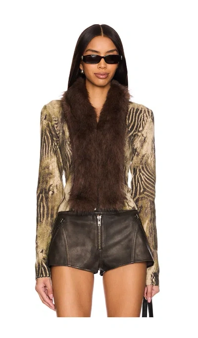 Jaded London Printed Knit Cardigan With Faux Fur Trim In Multi