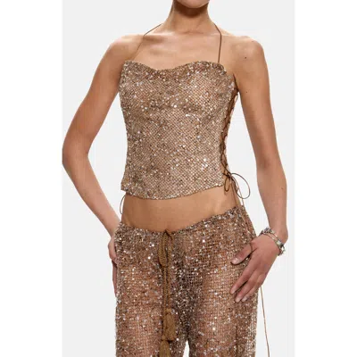 Jaded London Sequin Crop Lace-up Side Corset Top In Gold