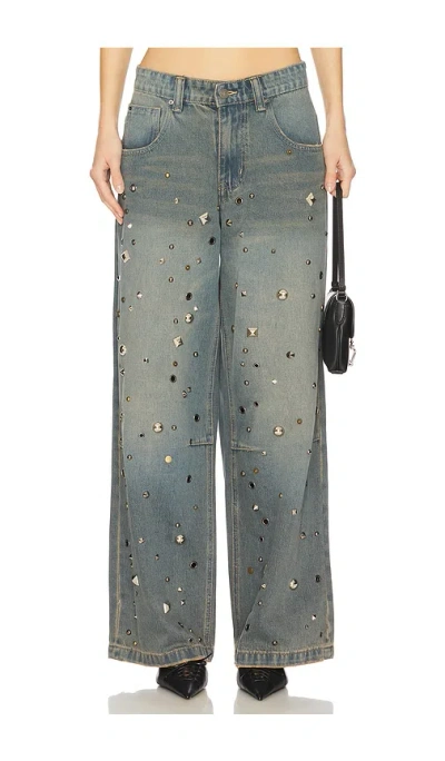 Jaded London Womens Grey Studded Colossus Relaxed Wide-leg Denim Jeans