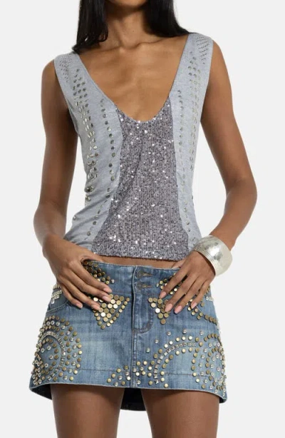 Jaded London Studded Sequin Plunge Neck Tank In Gray