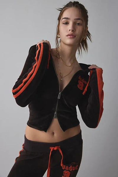 Jaded London Stripe Velour Fitted Hoodie Sweatshirt In Brown, Women's At Urban Outfitters