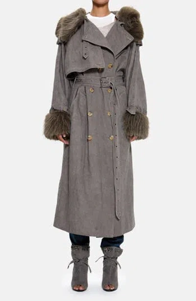 Jaded London Vania Oversize Faux Fur Hooded Trench Coat In Gray