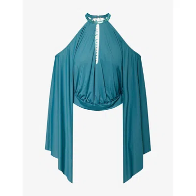 Jaded London Womens Alula Embellished Backless Woven Top Teal In Blue