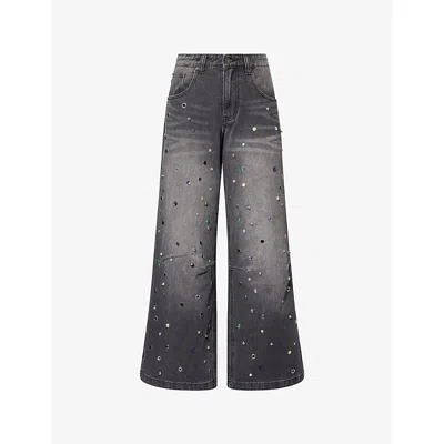 Jaded London Womens Black Trixa Jewel Studded Colossus Denim Jeans In Gray