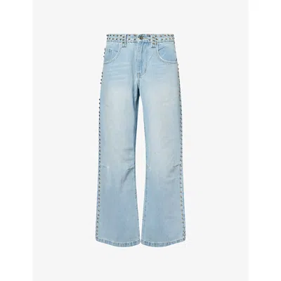Jaded London Womens Blue Studded Colossus Wide-leg Denim-blend Jeans