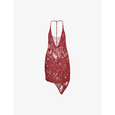 Jaded London Womens Red Dandara Beaded Knit Mini Dress