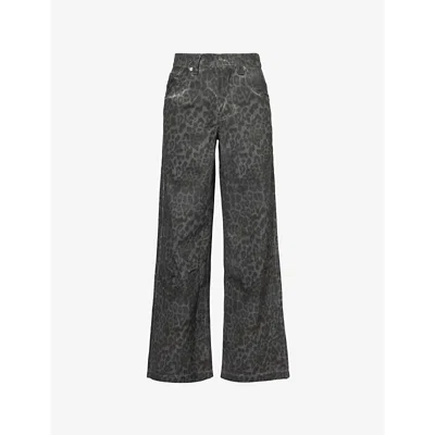 Jaded London Womens Grey Leopard Colussus Faded-wash Wide-leg Mid-rise Denim Jeans