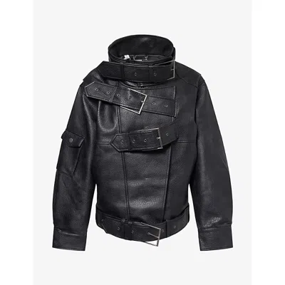 Jaded London Womens Haden Belted Funnel-neck Faux Leather Jacket Black Xl