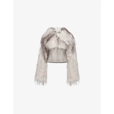Jaded London Womens Grey Faux-feather Lace-up Faux-leather Jacket In Gray