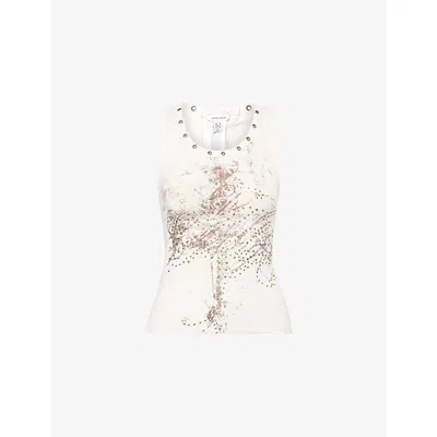 Jaded London Womens Multi Graphic-pattern Lace-panel Cotton-blend Top In White