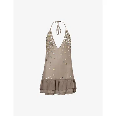JADED LONDON WOMENS KHAKI BUTTON ME UP LAYERED CHIFFON MINI DRESS