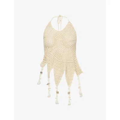 Jaded London Womens Multi Halterneck Shell-trim Crochet Top In Brown