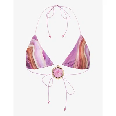 Jaded London Womens  Quartz-embellished Crystal-pattern Triangle Bikini Top In Pink