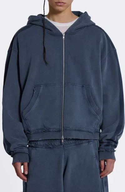 Jaded London Zip Front Denim Wash Distressed Hoodie In Blue