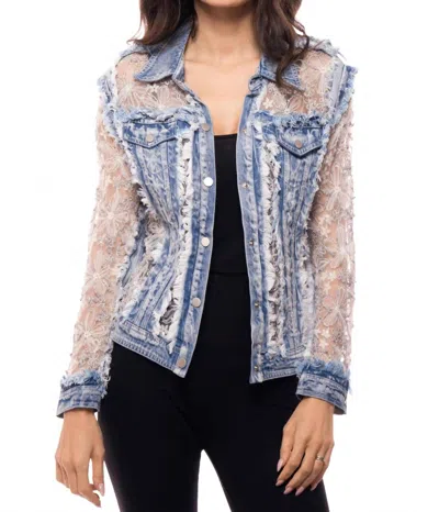 Jadore Embroidered Denim And Lace Bohemian Jacket In Sheer Floral In Multi