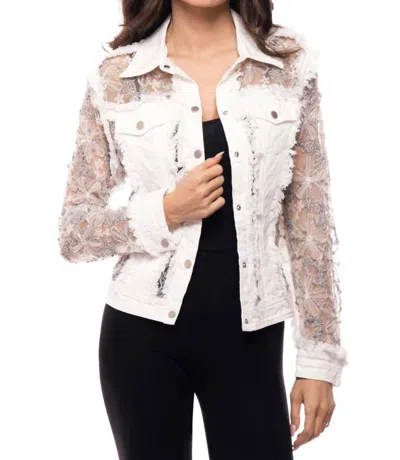 Jadore Embroidered Denim And Lace Bohemian Jacket In Silver White
