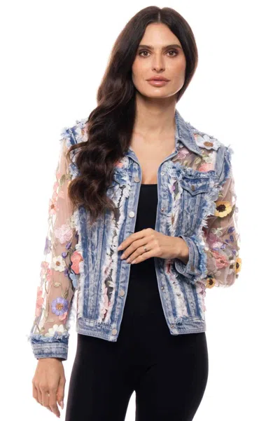 Jadore Embroidered Denim And Lace Bohemian Jacket In Spring Fling In Multi