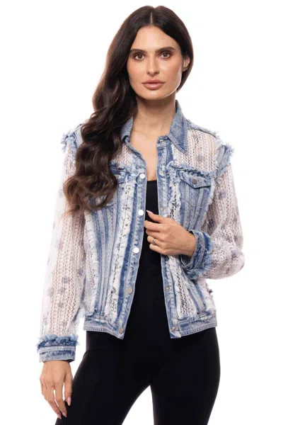 Jadore Embroidered Denim And Lace Bohemian Jacket In White Knit In Multi