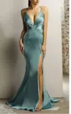 Jadore Strappy Satin With Slit In Teal In Blue