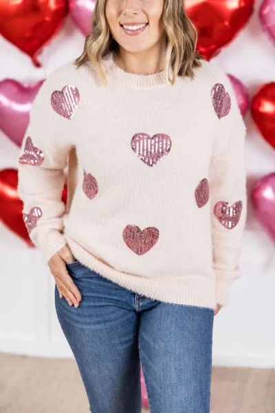 Jadyk Sequin Heart Sweater In Pink