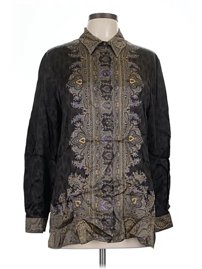 Pre-owned Jaeger Long Sleeve Silk Top Black Paisley Pattern Mock Neckline Tops