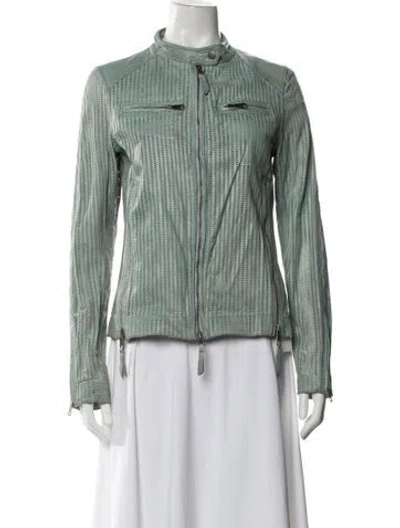Pre-owned Jakett Leather Striped Biker Jacket In Green