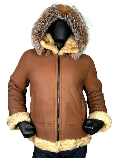 Pre-owned Jakewood Men's B-3 Cognac Shearling Sheepskin Aviator Jacket, Fur Hood Size 3xl