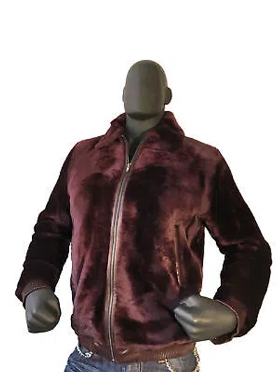 Pre-owned Jakewood Men's Burgundy Leather Trim Mouton Sheared Sheepskin Bomber Jacket L