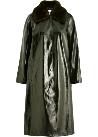 Jakke Lumi Faux Fur-trimmed Vinyl Coat In Dark Green