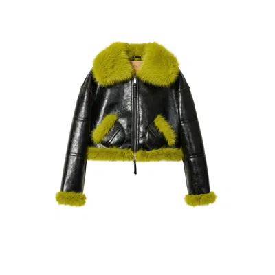 Jakke Women's Black / Green Aviator Cropped Jacket - Black Lime In Black/green