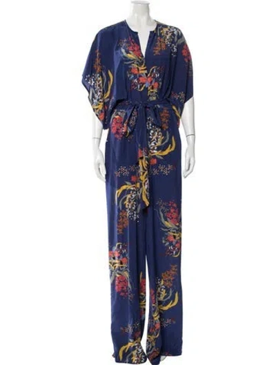 Pre-owned Jaline Silk Floral Print Jumpsuit In Blue