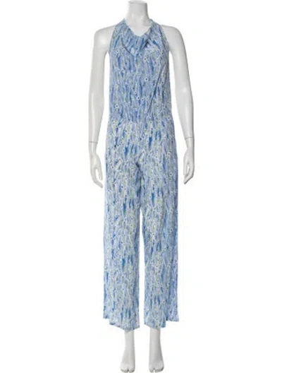 Pre-owned Jaline Silk Printed Jumpsuit In Blue