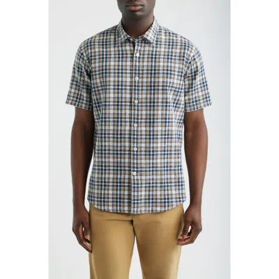 James Campbell Funchal Regular Fit Plaid Short Sleeve Cotton & Linen Sport Shirt In Blue