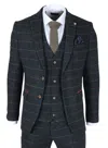 James Darby Archer 3 Piece Checked Herringbone Tweed Tailored Fit Formal Suit In Blue