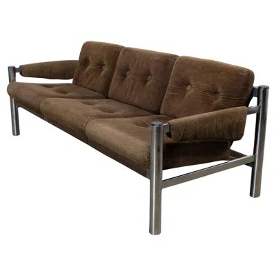 Pre-owned James David Furniture Vintage Modern James David Sling Sofa W/brown Wide Wale Corduroy Chrome Frame In Black