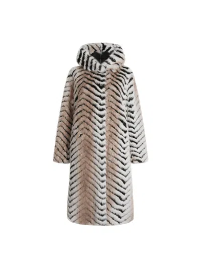 James Lakeland Faux Fox Belted Long Coat, Size 14 In Multicolour