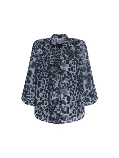 James Lakeland Women's Black / Grey Leopard Print Front Ruffle Shirt In Black/grey