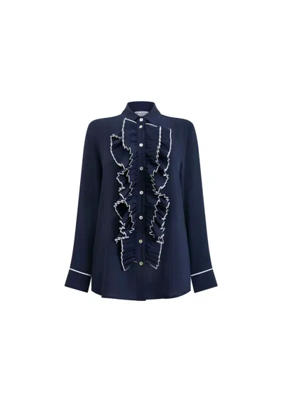 James Lakeland Women's Blue Front Ruffle Button Up Shirt Navy
